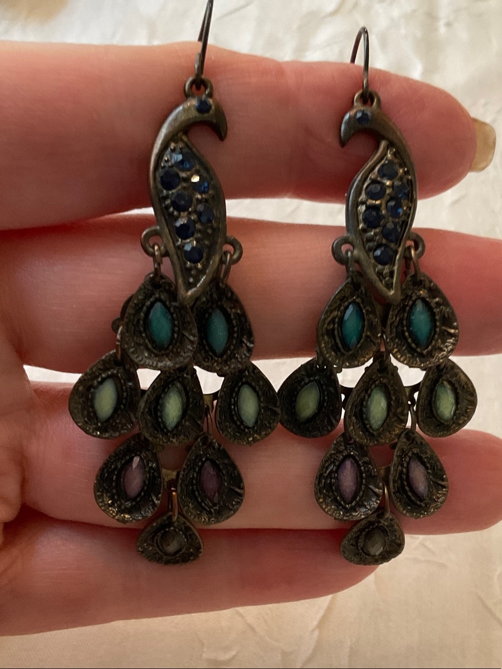 Unbranded Bronze Peacock Teardrop Dangle Earrings with Multicolor Stones